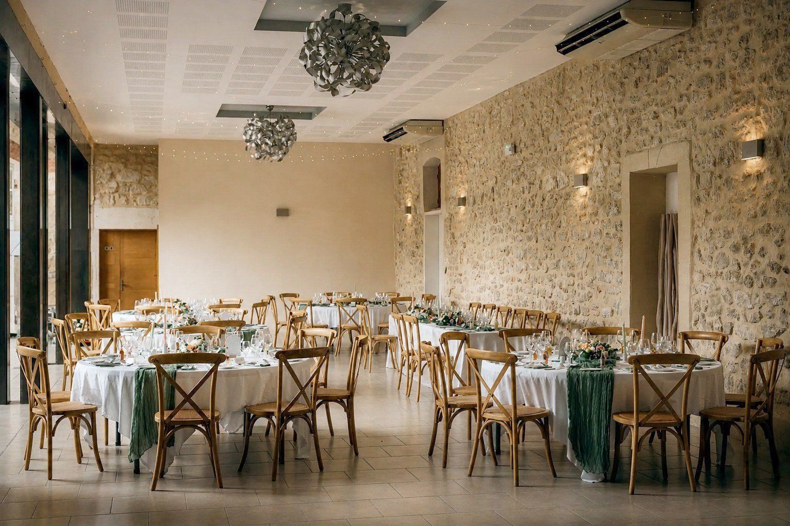 La salle dressée pour le dîner de mariage
